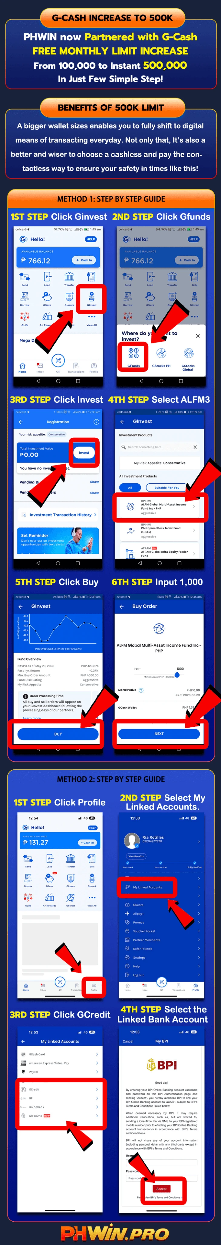 PHWin747 GCash limit increase step-by-step screenshots for GInvest and linked accounts